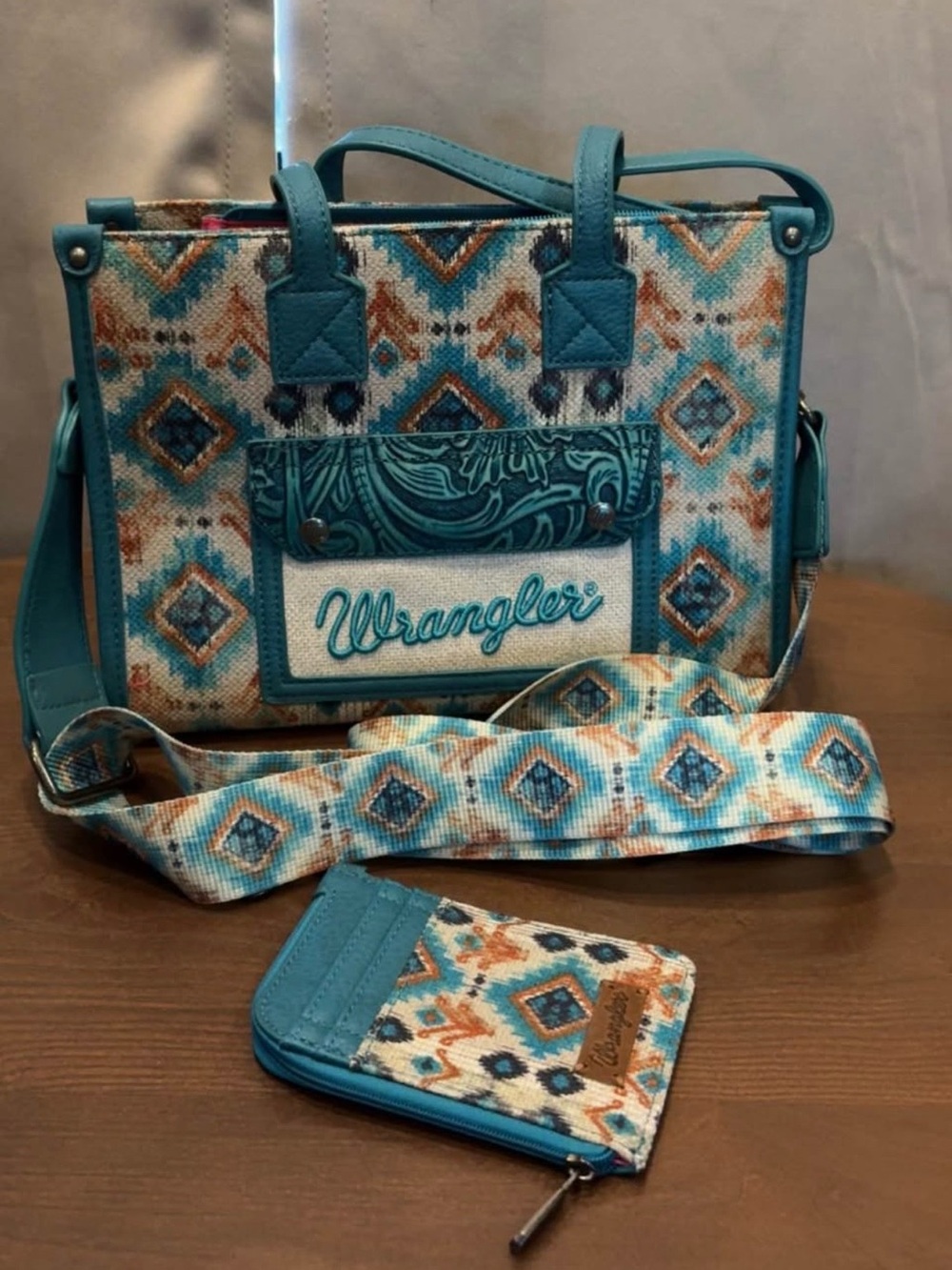 Wrangler Turquoise Geometric Tote with Matching Card Wallet